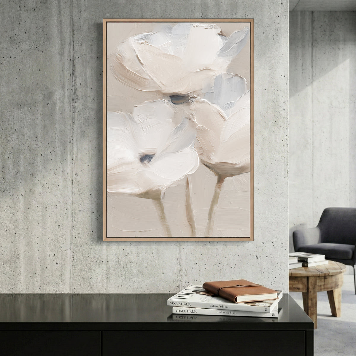 White Flowers Neutral Textured Painting canvas wall art print displayed in a styled living room