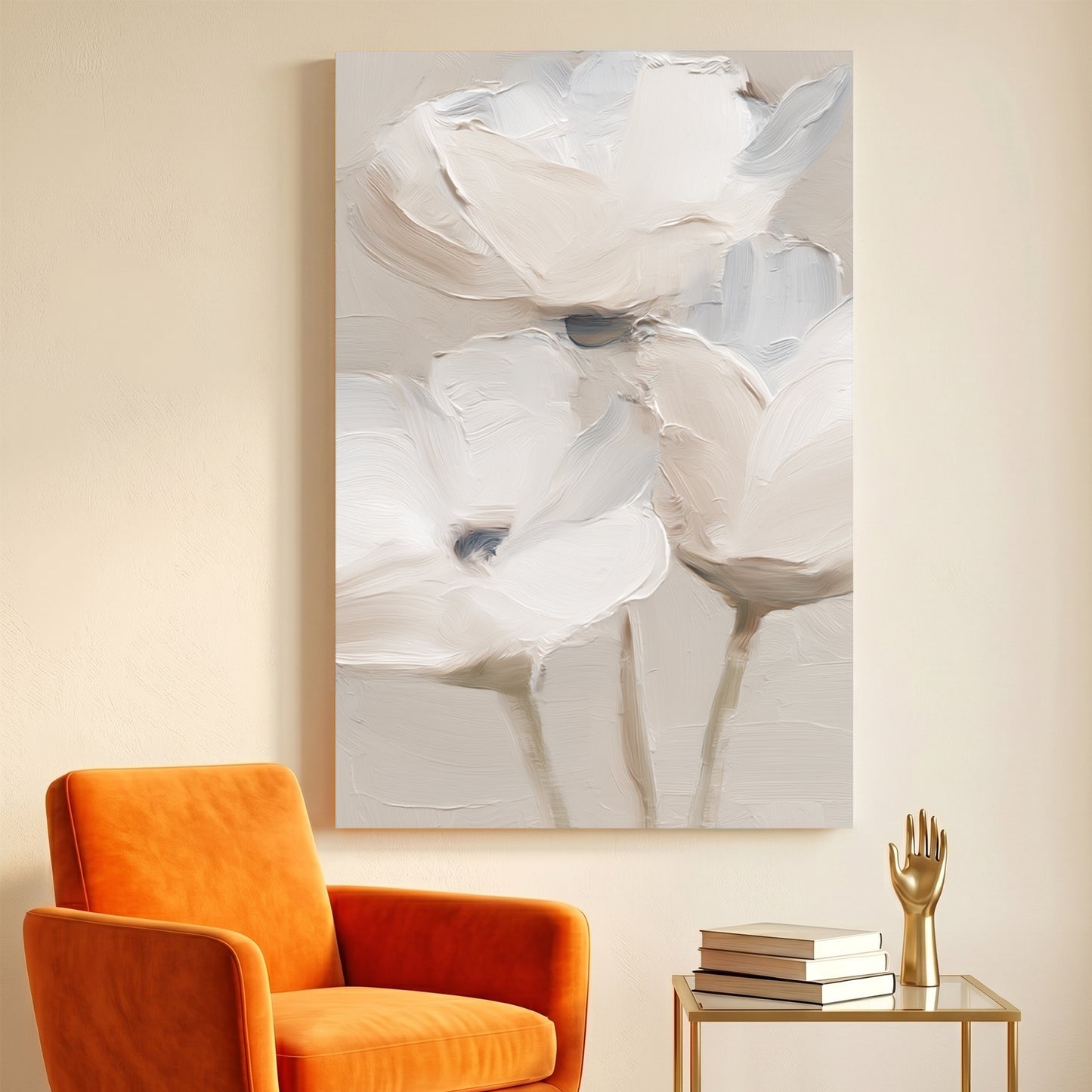 White Flowers Neutral Textured Painting canvas wall art print displayed in a styled living room