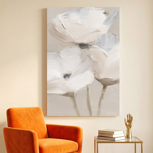 White Flowers Neutral Textured Painting canvas wall art print displayed in a styled living room