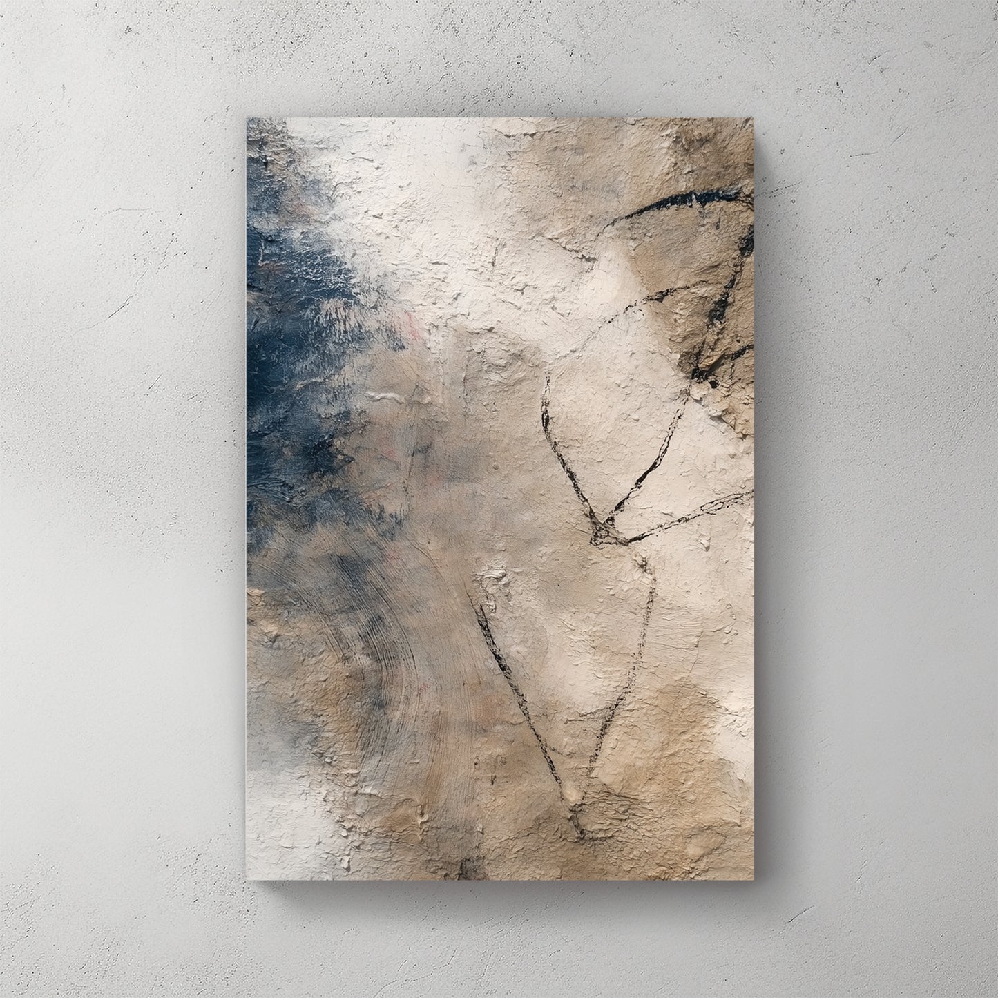 Neutral beige minimalist abstract, soft cream and grey tones, faint pink, sketchy black line drawing of figure — canvas wall art print