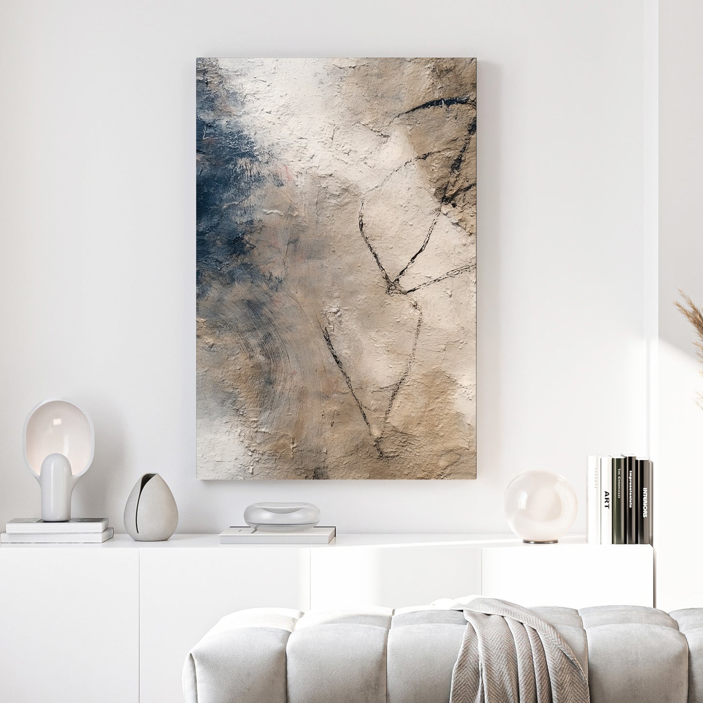 Neutral Beige Minimalist Abstract canvas wall art print above a sofa in a contemporary living room