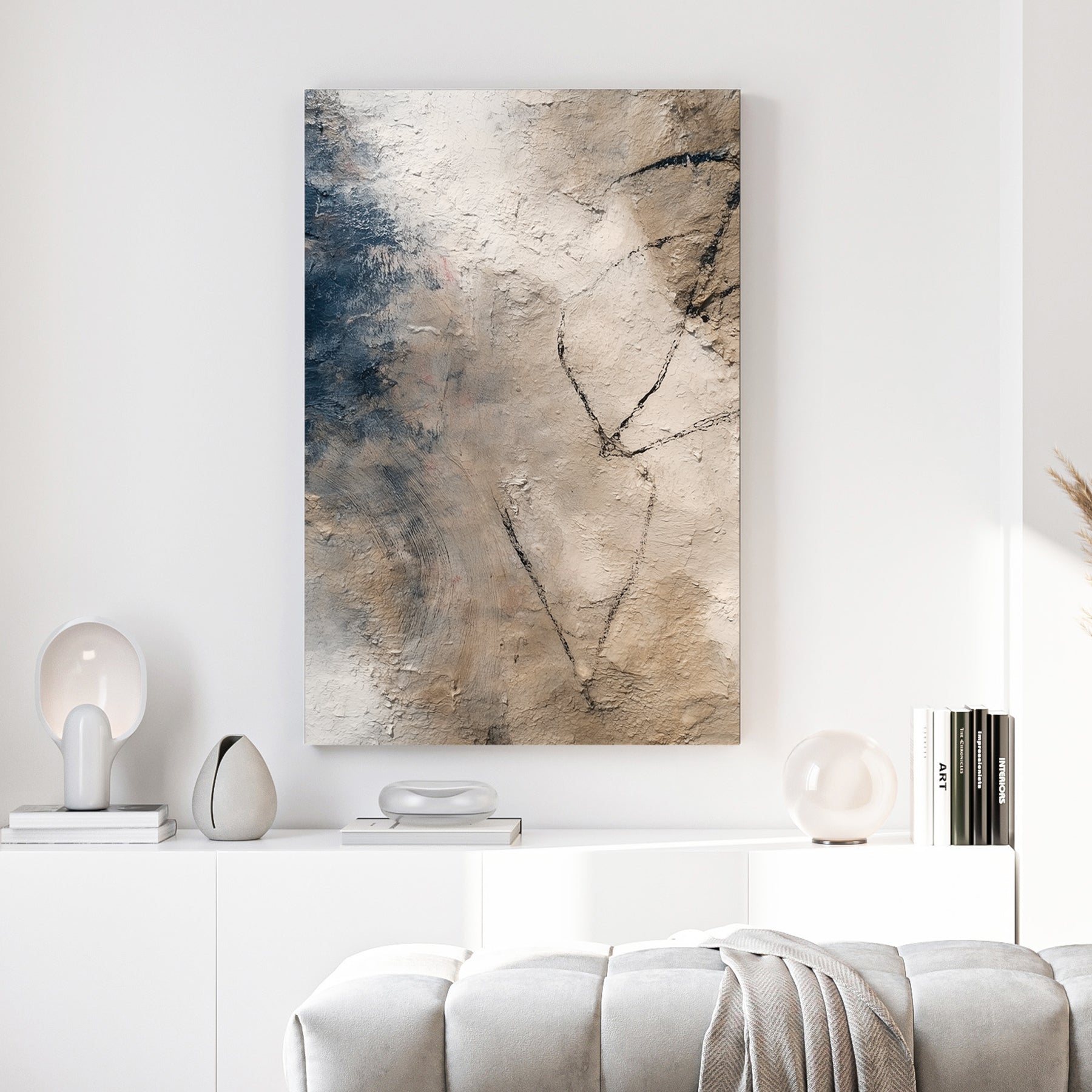 Neutral Beige Minimalist Abstract canvas wall art print above a sofa in a contemporary living room