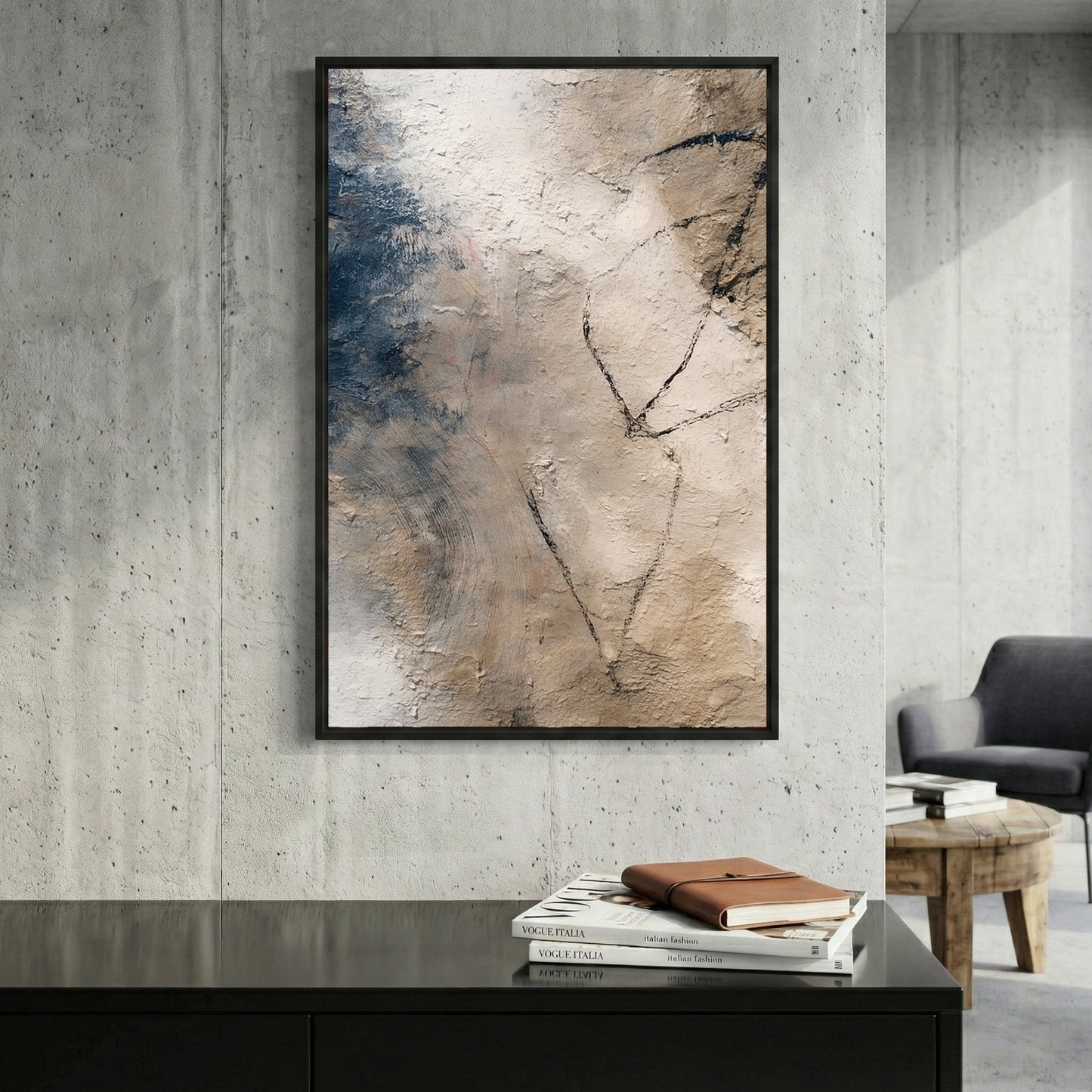Neutral Beige Minimalist Abstract framed canvas wall art print in a gallery-style display