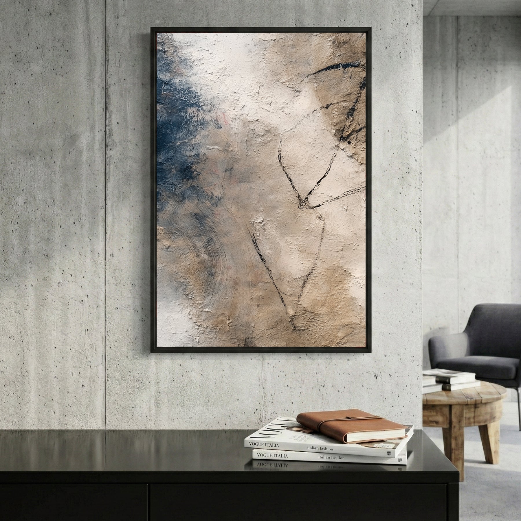 Neutral Beige Minimalist Abstract framed canvas wall art print in a gallery-style display