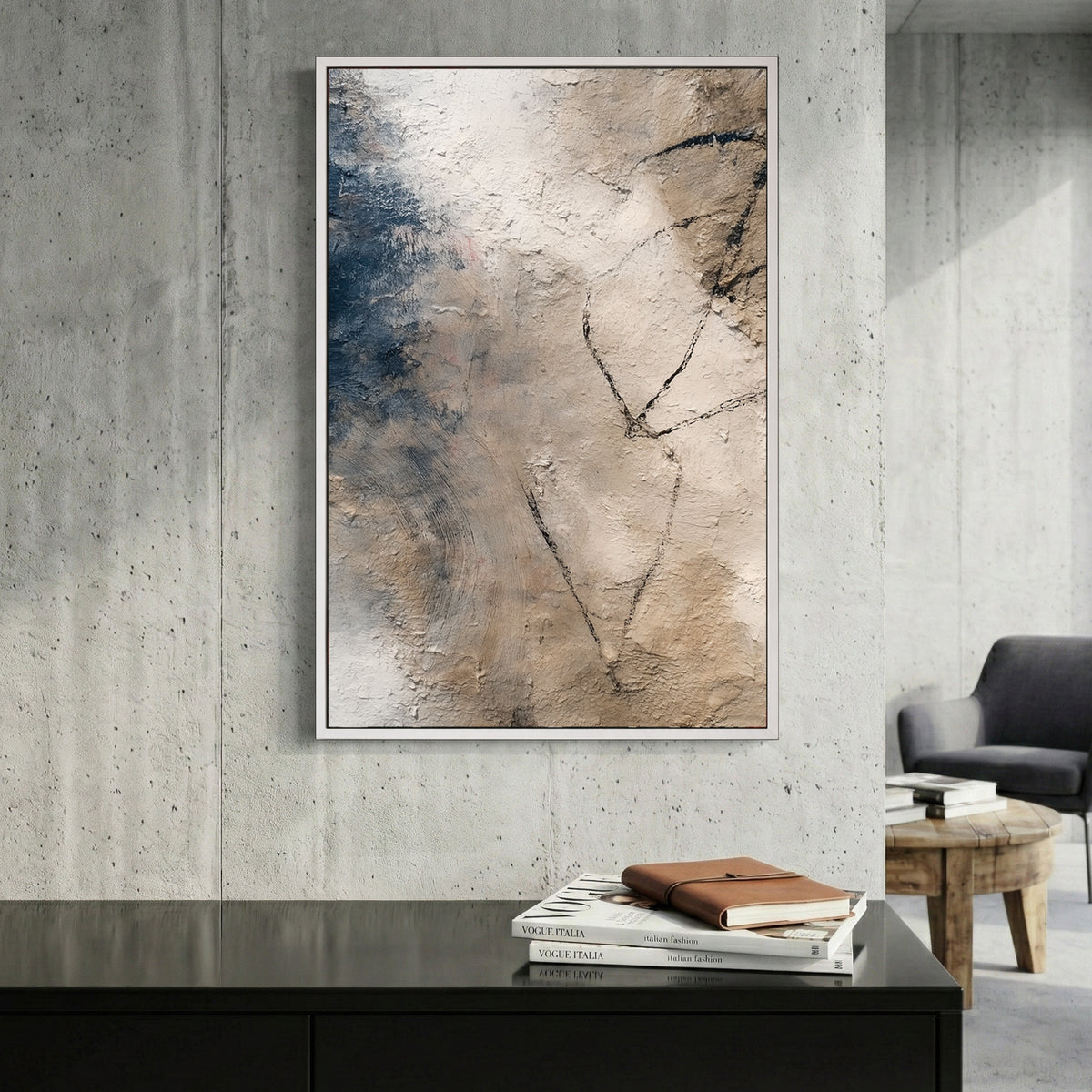 Neutral Beige Minimalist Abstract canvas wall art print displayed in a styled living room
