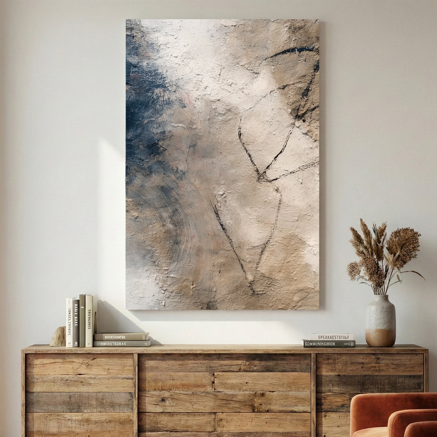 Neutral Beige Minimalist Abstract canvas wall art print displayed in a styled living room