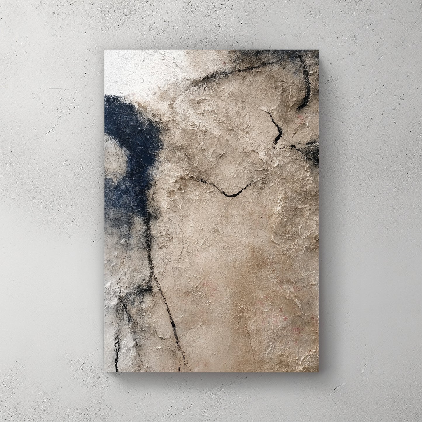 Beige and grey textured plaster abstract, cracks and shadow forms, neutral earthy palette — canvas wall art print