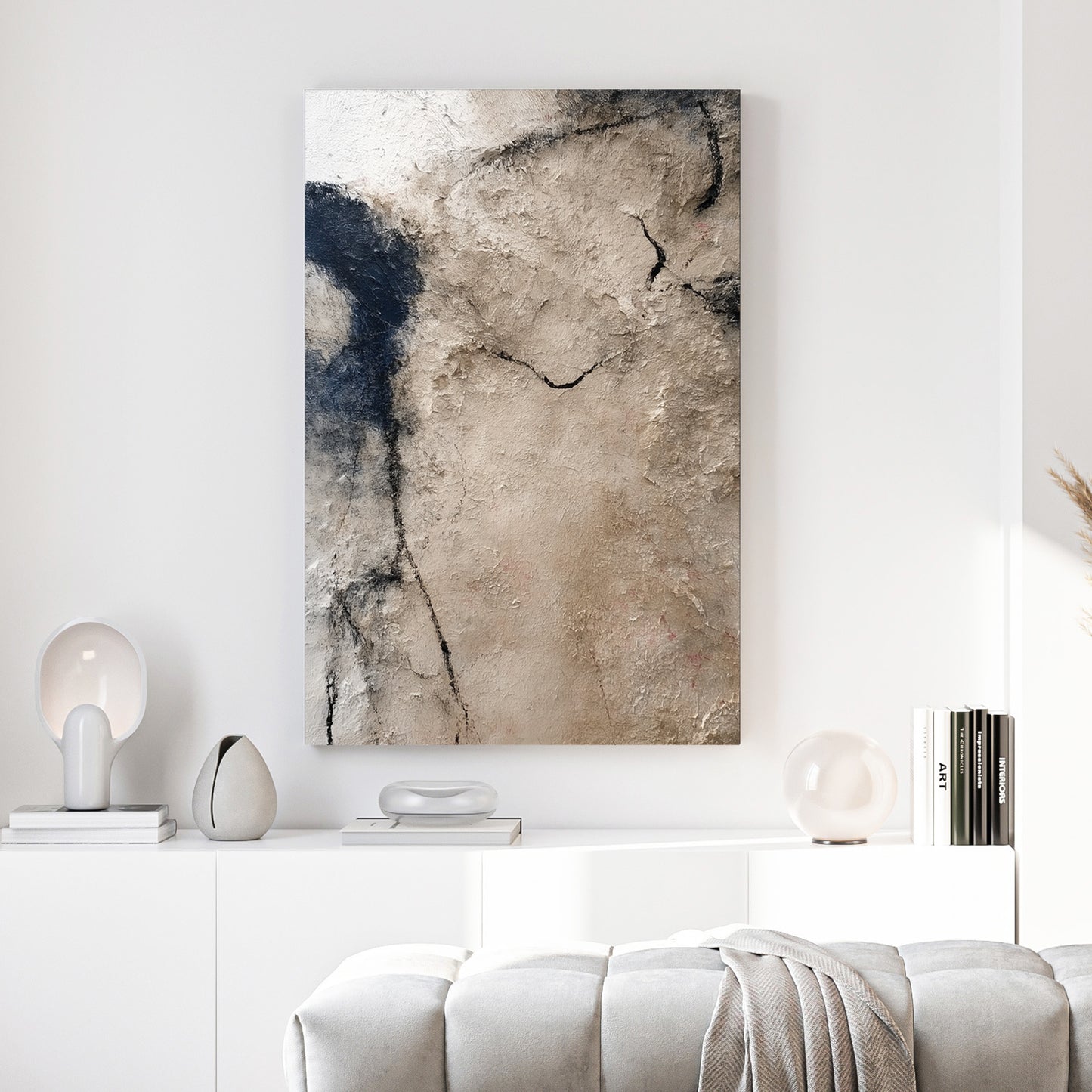 Neutral Beige Textured Abstract canvas wall art print above a sofa in a contemporary living room