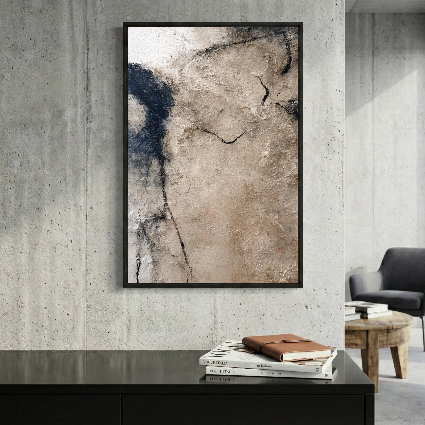 Neutral Beige Textured Abstract framed canvas wall art print in a gallery-style display