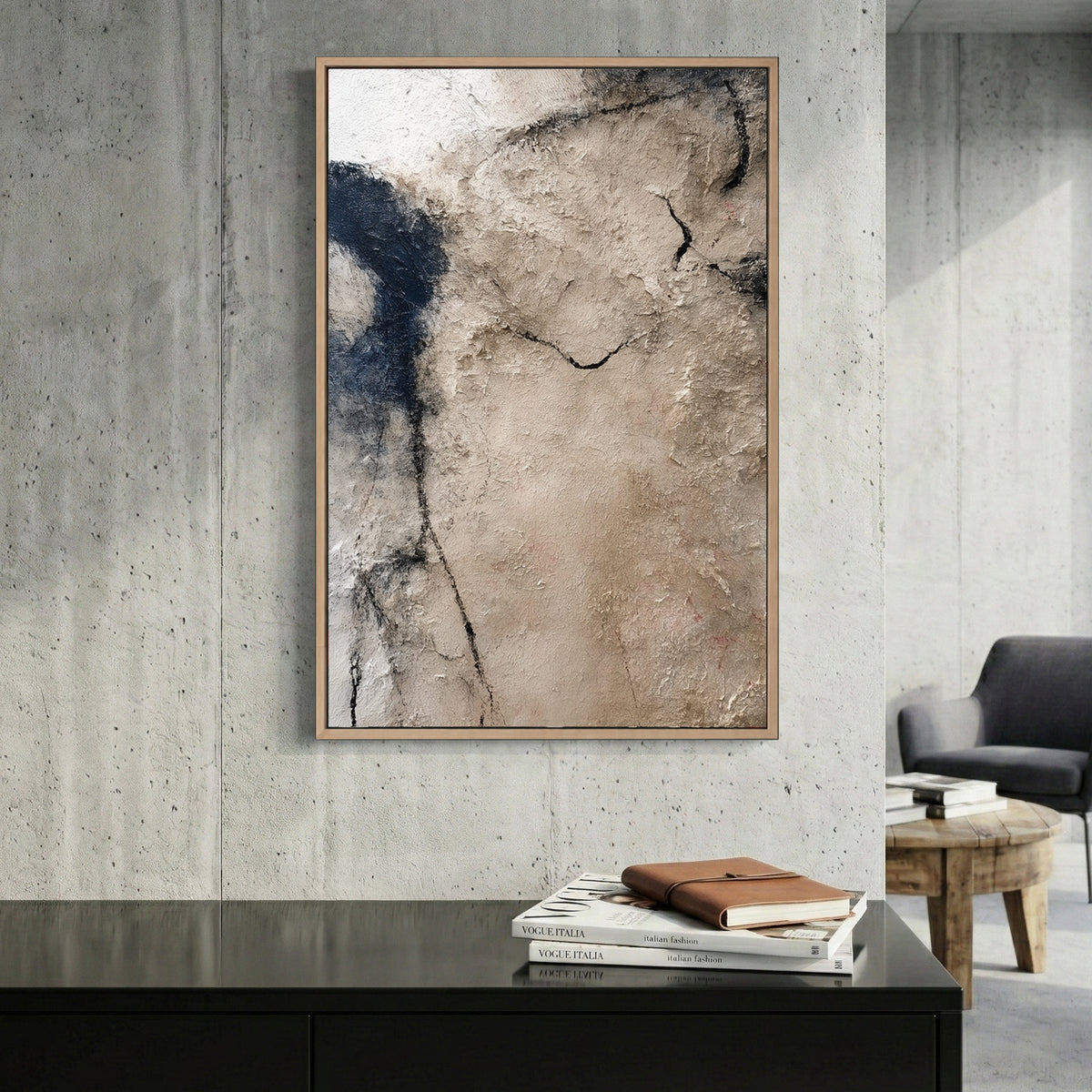 Neutral Beige Textured Abstract canvas wall art print displayed in a styled living room