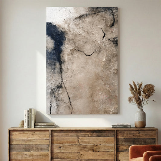 Neutral Beige Textured Abstract canvas wall art print displayed in a styled living room