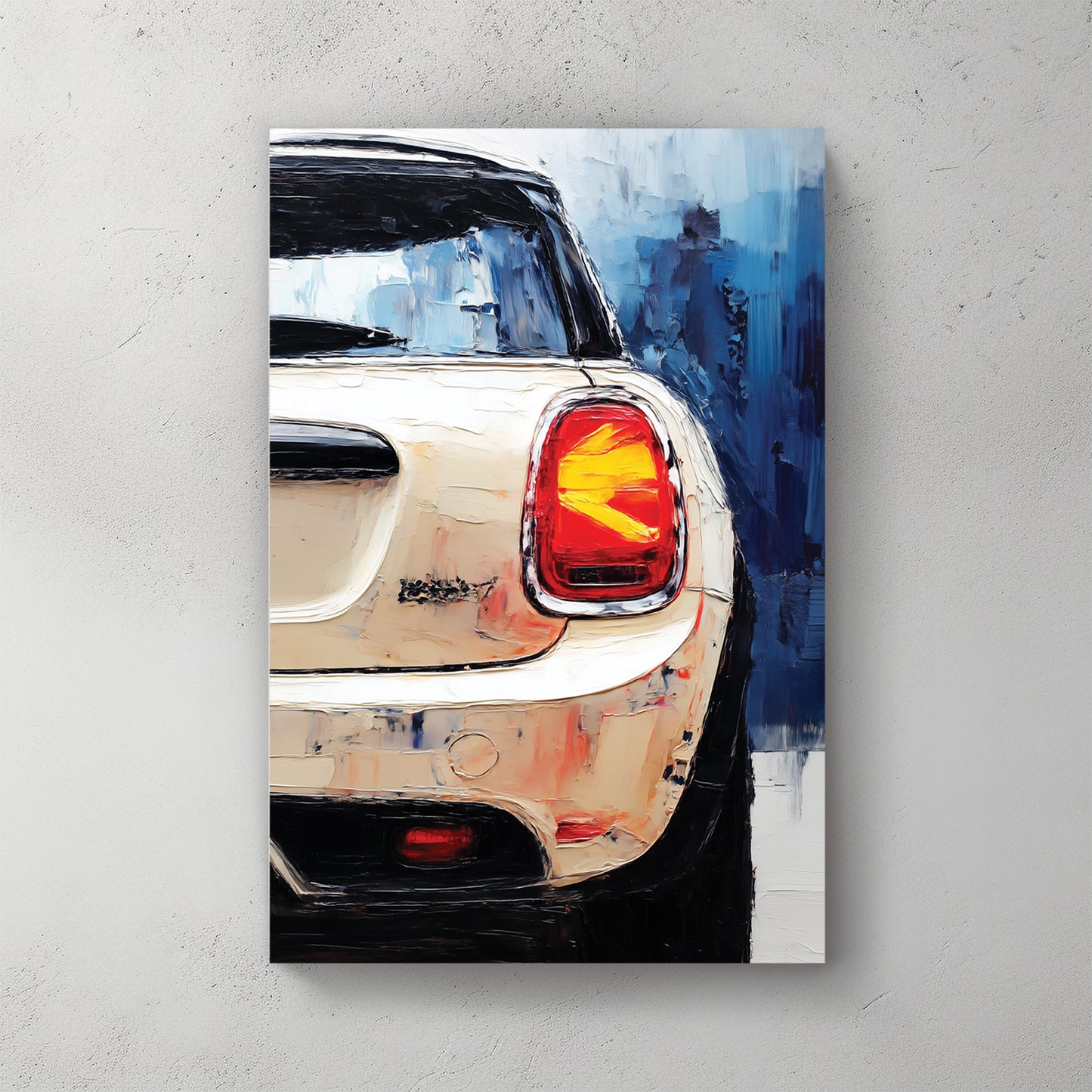 Mini Cooper rear view, white body, tail light glowing, blue background, painterly brushstrokes — canvas wall art print