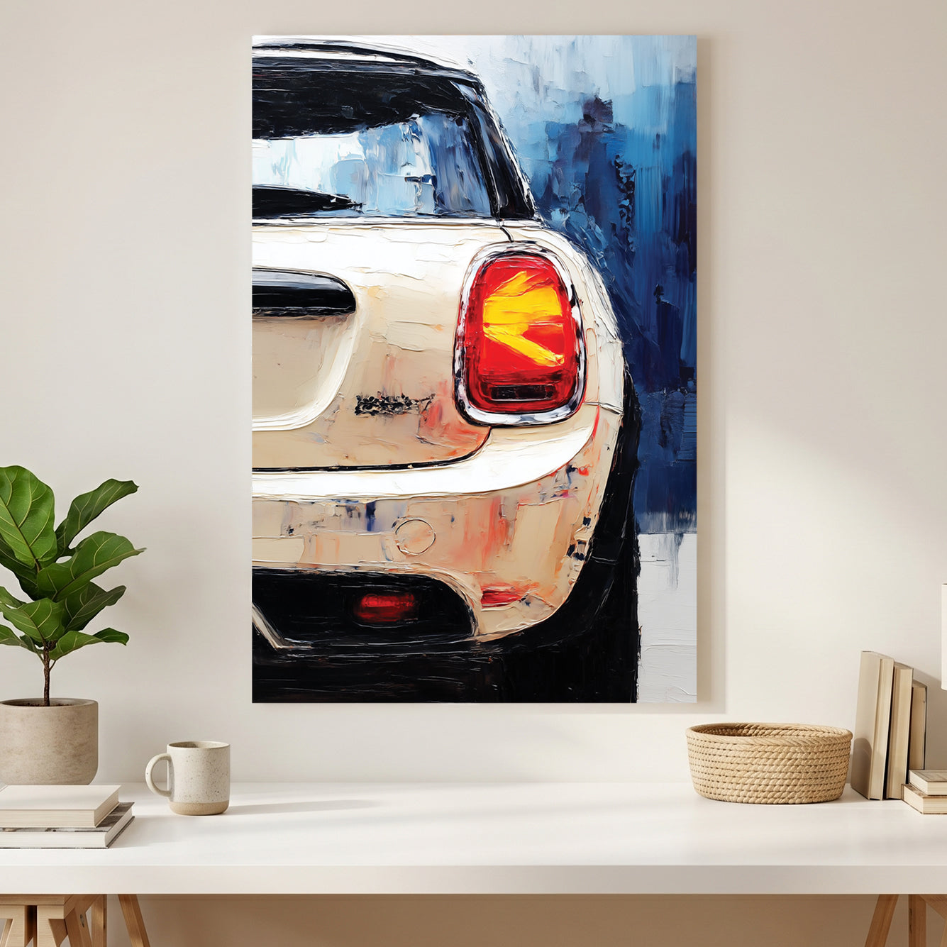 Mini Cooper Rear Painting canvas wall art print styled in a modern interior