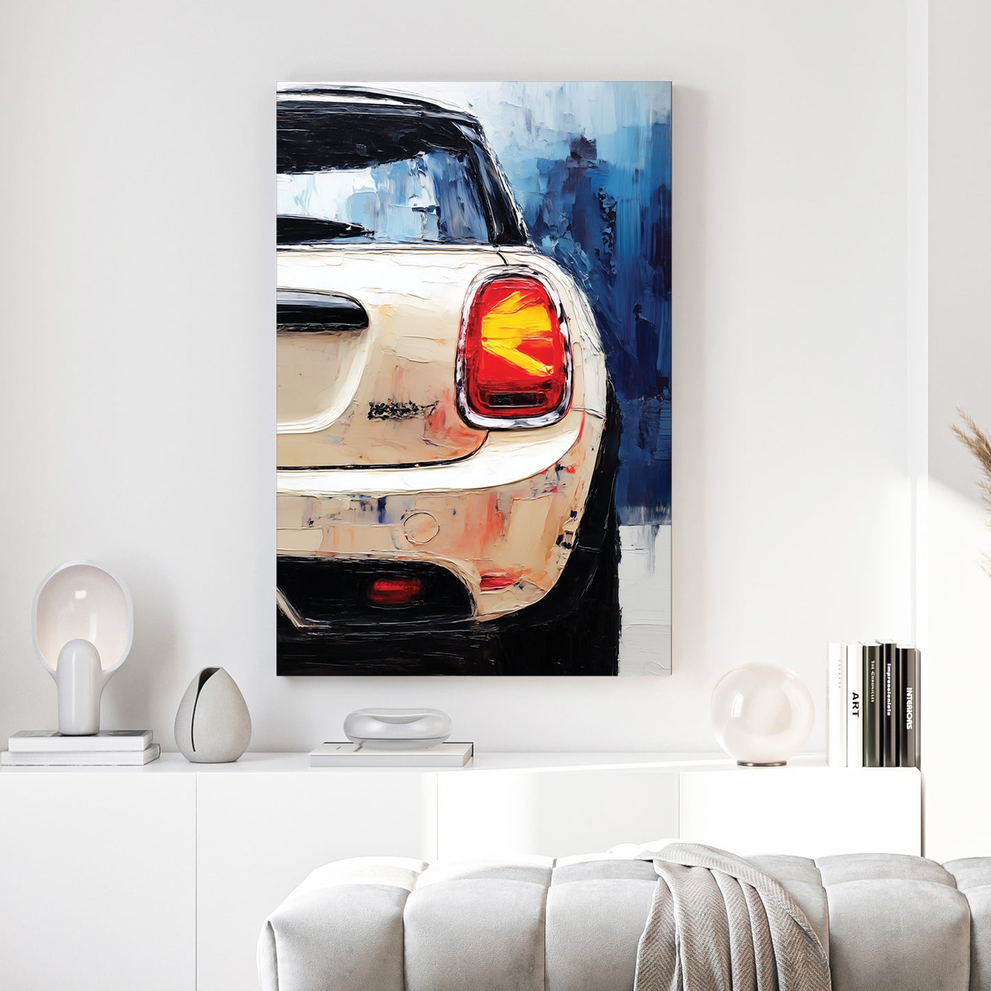 Mini Cooper Rear Painting canvas wall art print above a sofa in a contemporary living room