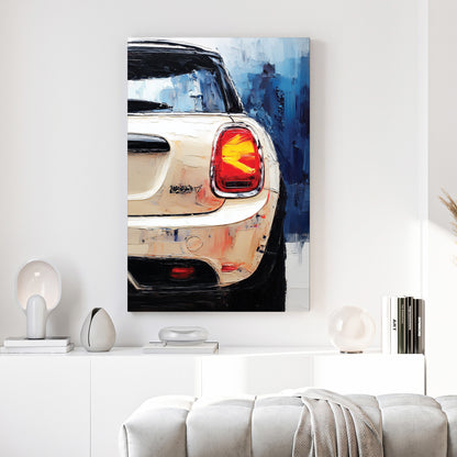 Mini Cooper Rear Painting canvas wall art print above a sofa in a contemporary living room