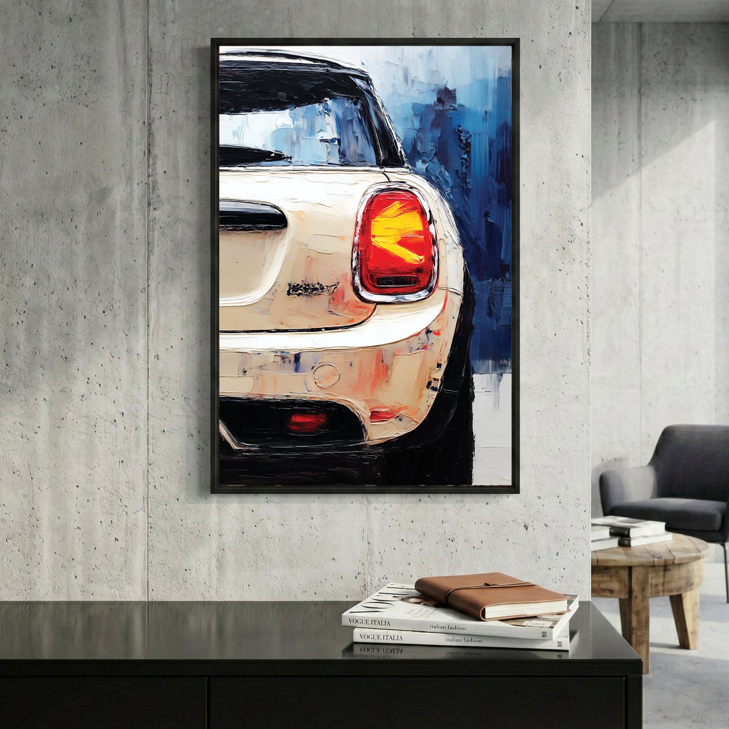 Mini Cooper Rear Painting framed canvas wall art print in a gallery-style display