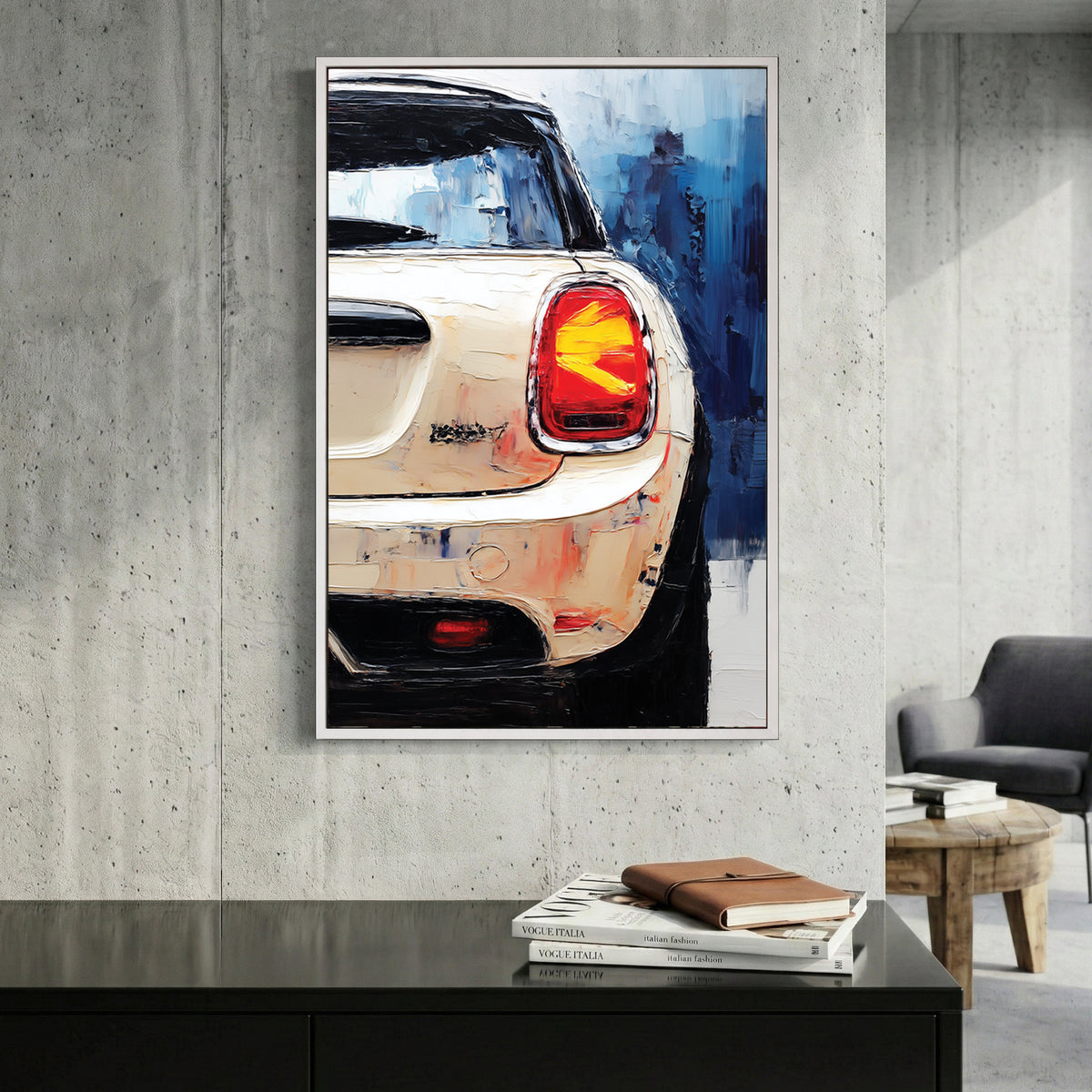 Mini Cooper Rear Painting canvas wall art print displayed in a styled living room