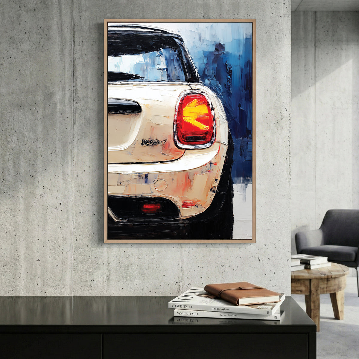 Mini Cooper Rear Painting canvas wall art print displayed in a styled living room