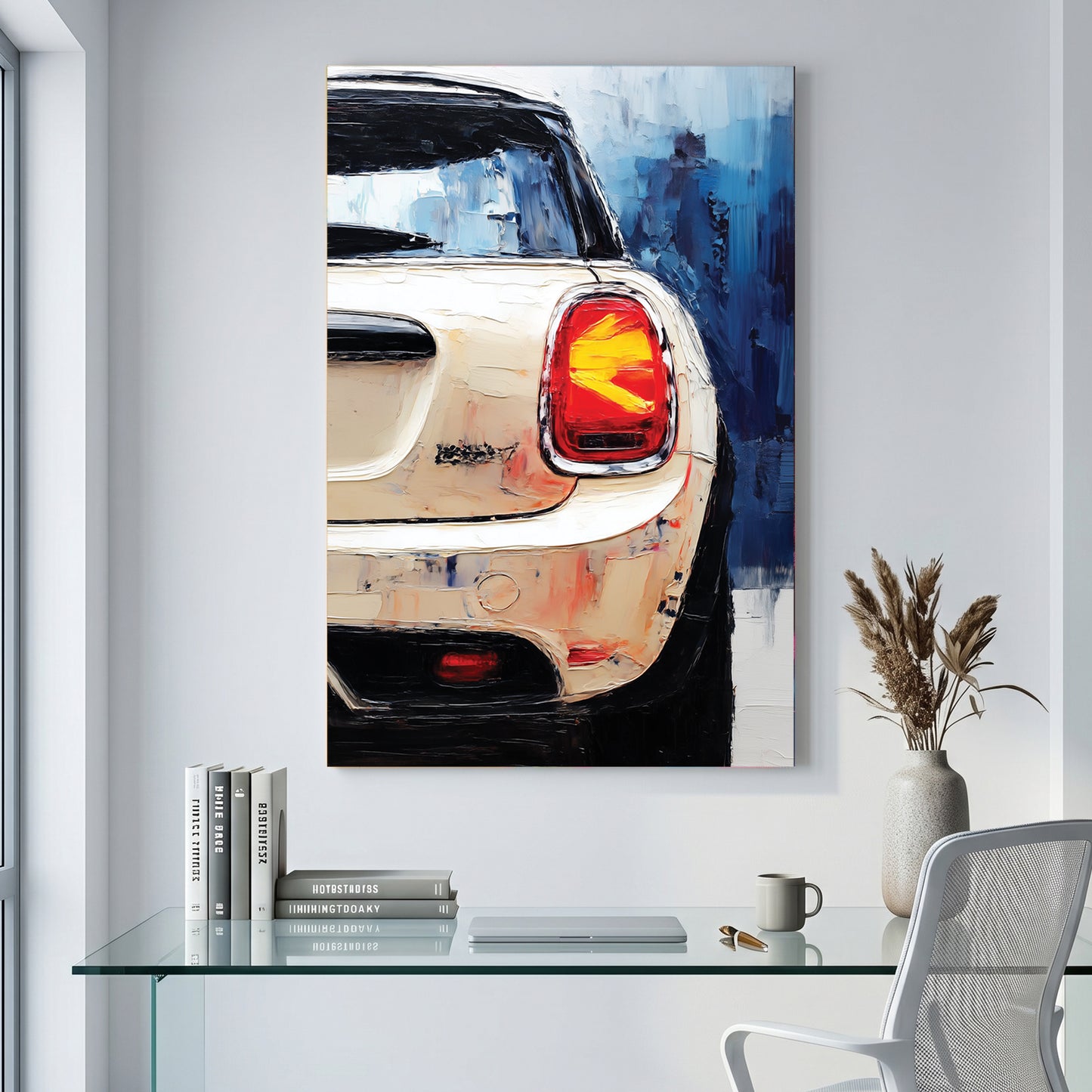 Mini Cooper Rear Painting canvas wall art print displayed in a styled living room