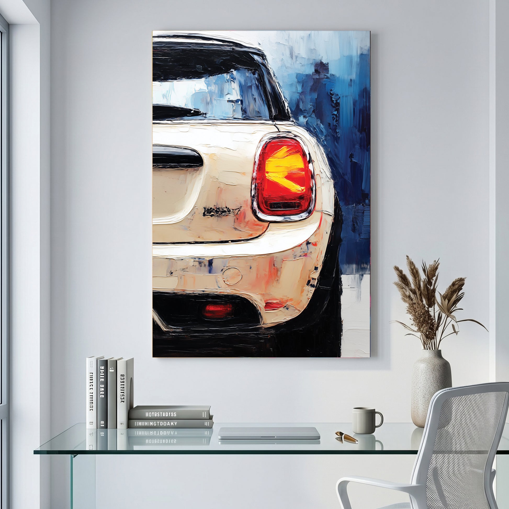 Mini Cooper Rear Painting canvas wall art print displayed in a styled living room