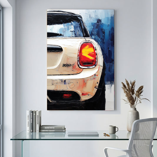 Mini Cooper Rear Painting canvas wall art print displayed in a styled living room