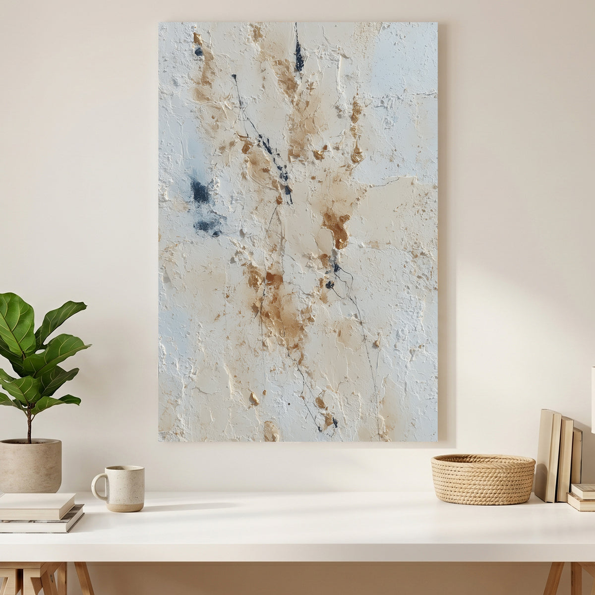 Neutral Beige Blue Abstract canvas wall art print styled in a modern interior