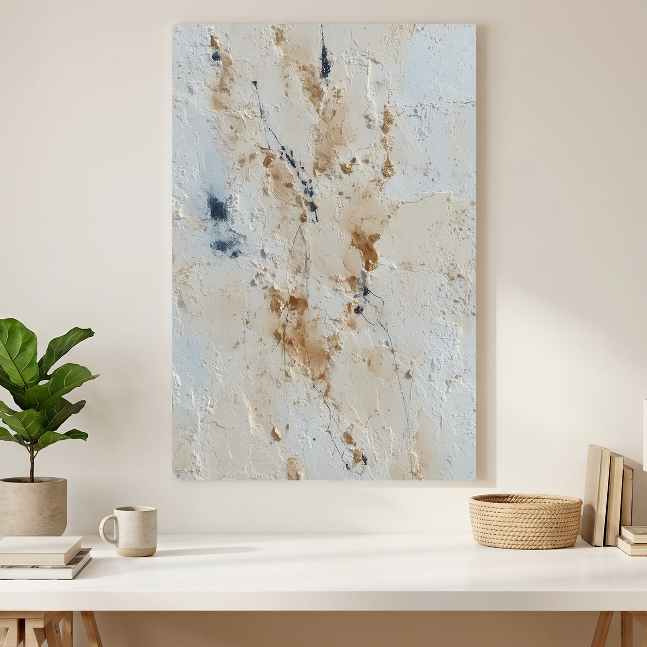 Neutral Beige Blue Abstract canvas wall art print styled in a modern interior