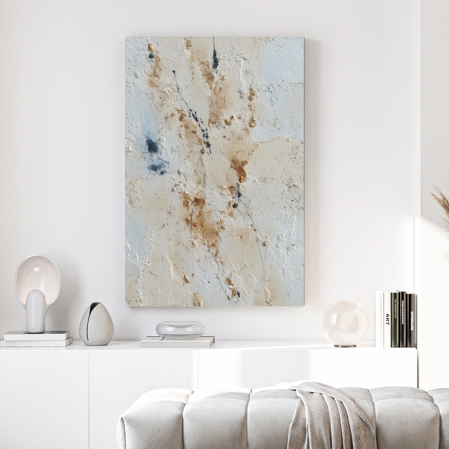 Neutral Beige Blue Abstract canvas wall art print above a sofa in a contemporary living room