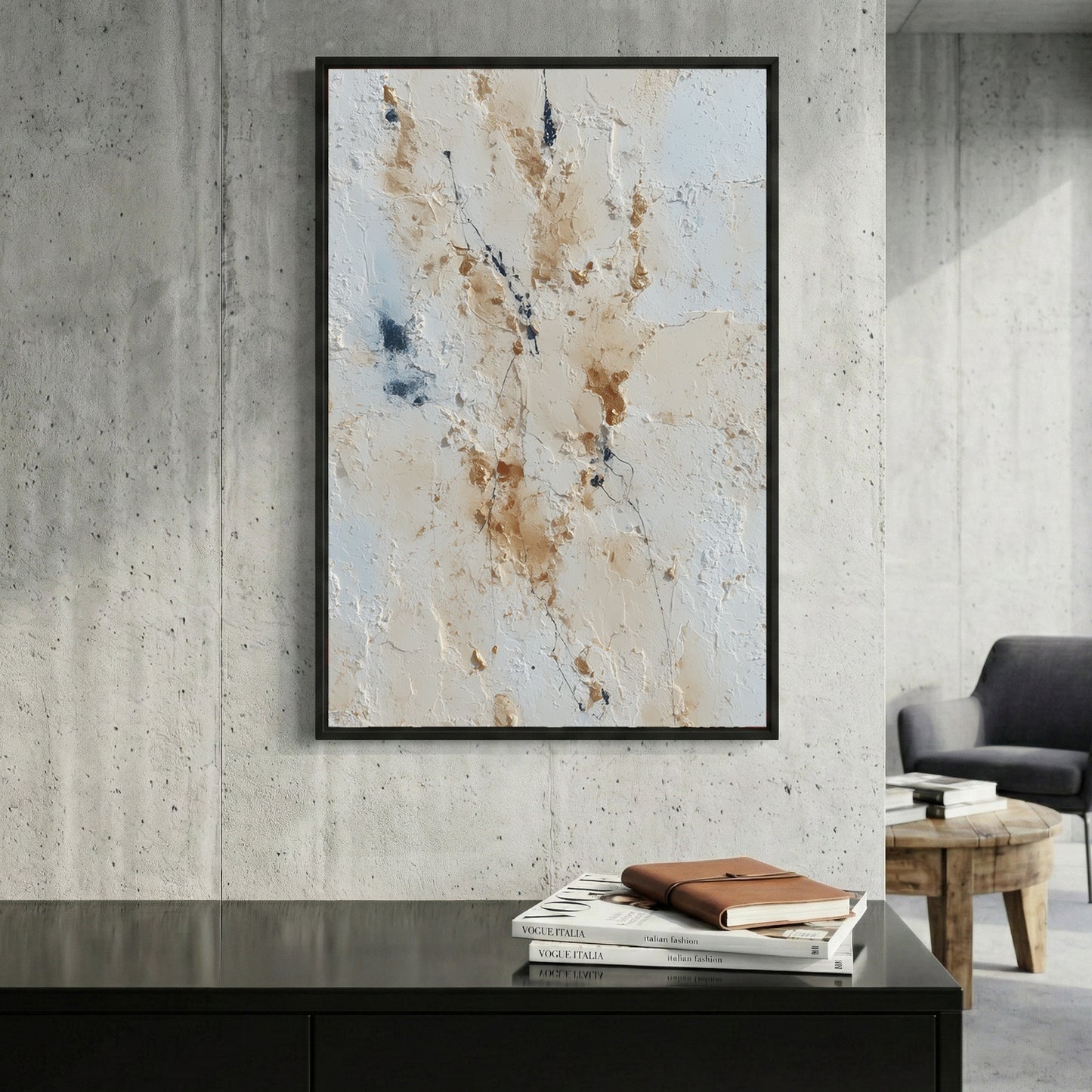 Neutral Beige Blue Abstract framed canvas wall art print in a gallery-style display