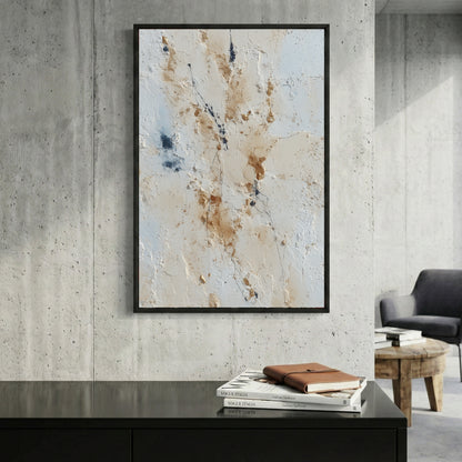 Neutral Beige Blue Abstract framed canvas wall art print in a gallery-style display