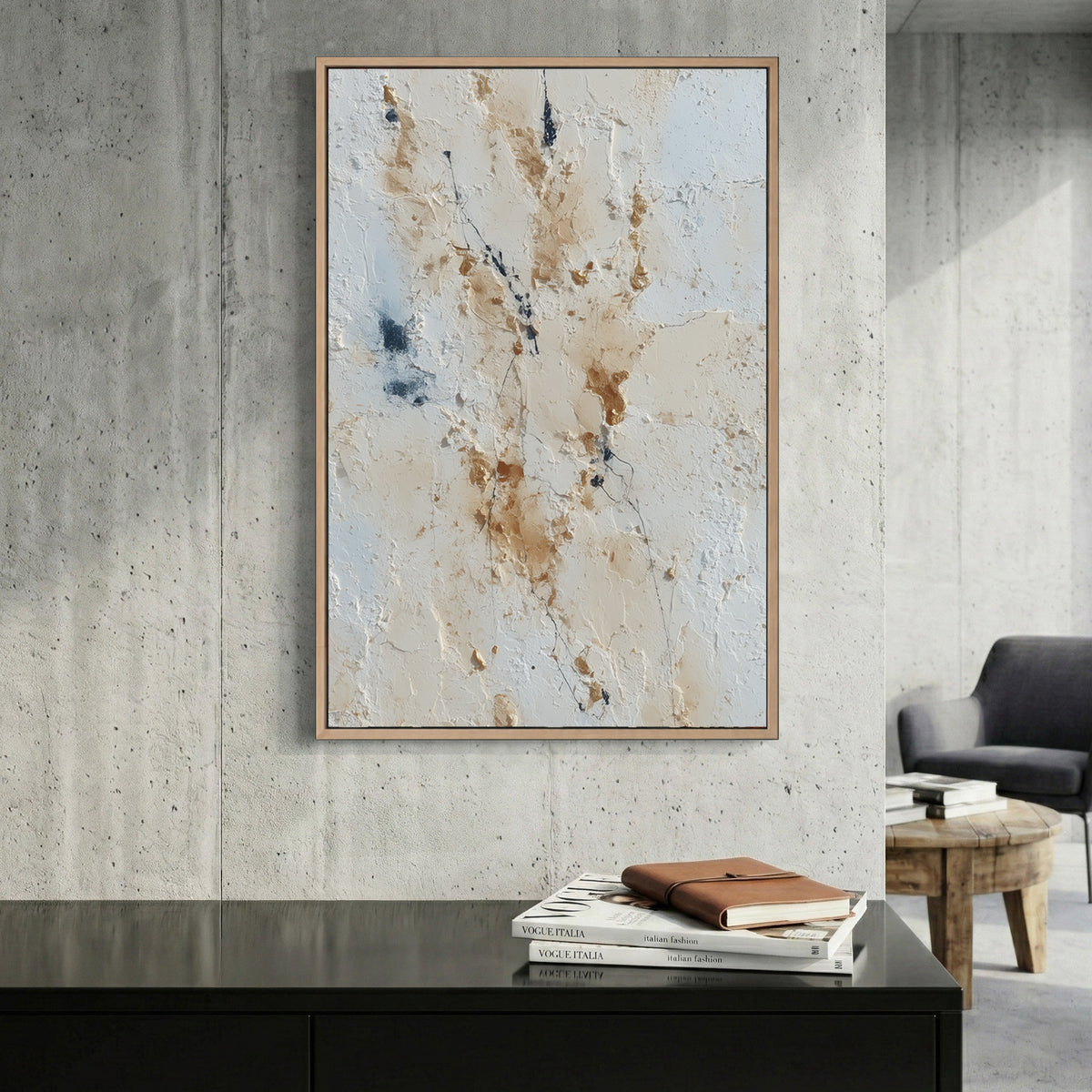 Neutral Beige Blue Abstract canvas wall art print displayed in a styled living room