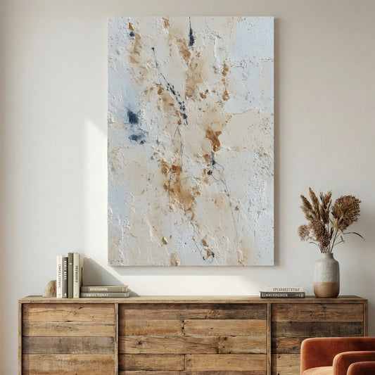 Neutral Beige Blue Abstract canvas wall art print displayed in a styled living room