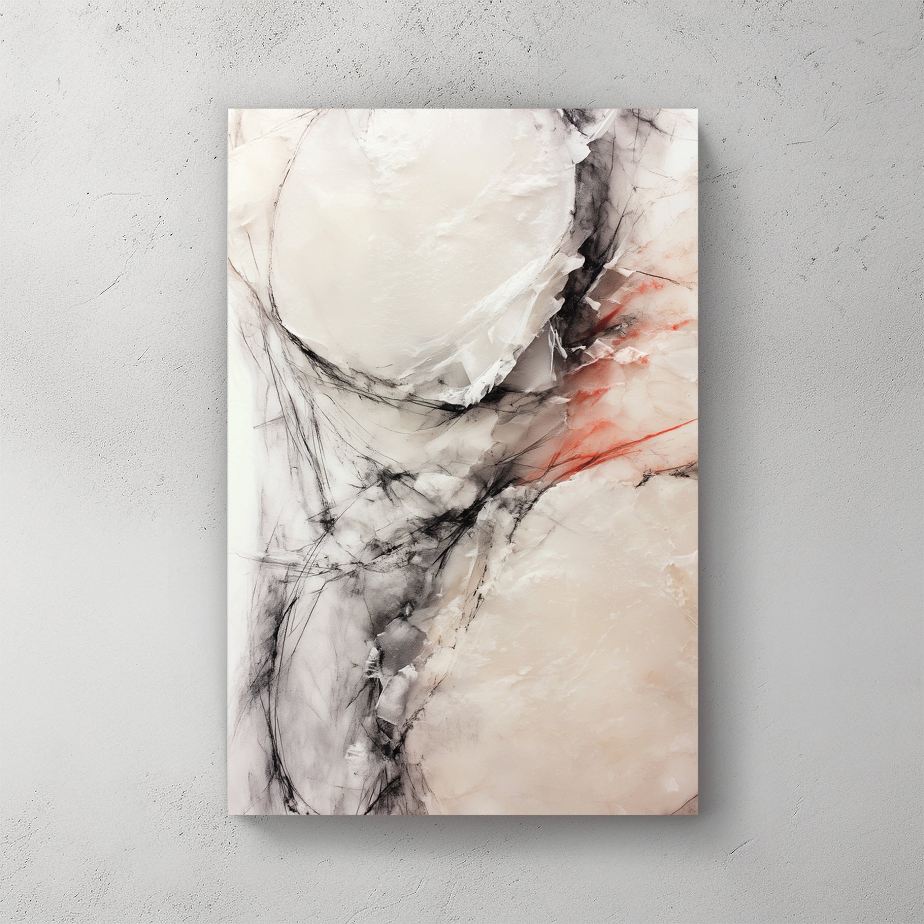Neutral abstract with circular soft beige shapes, charcoal veining, red ink slash on right side — canvas wall art print