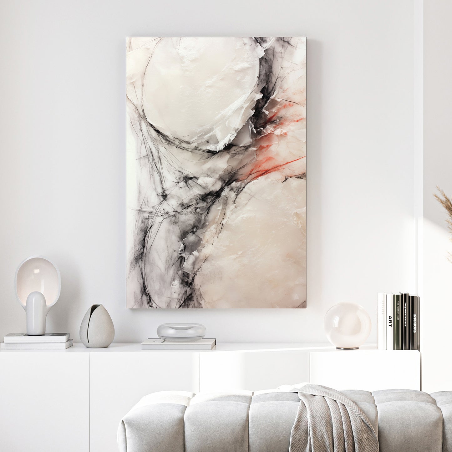 Neutral Marble Stone Abstract canvas wall art print above a sofa in a contemporary living room