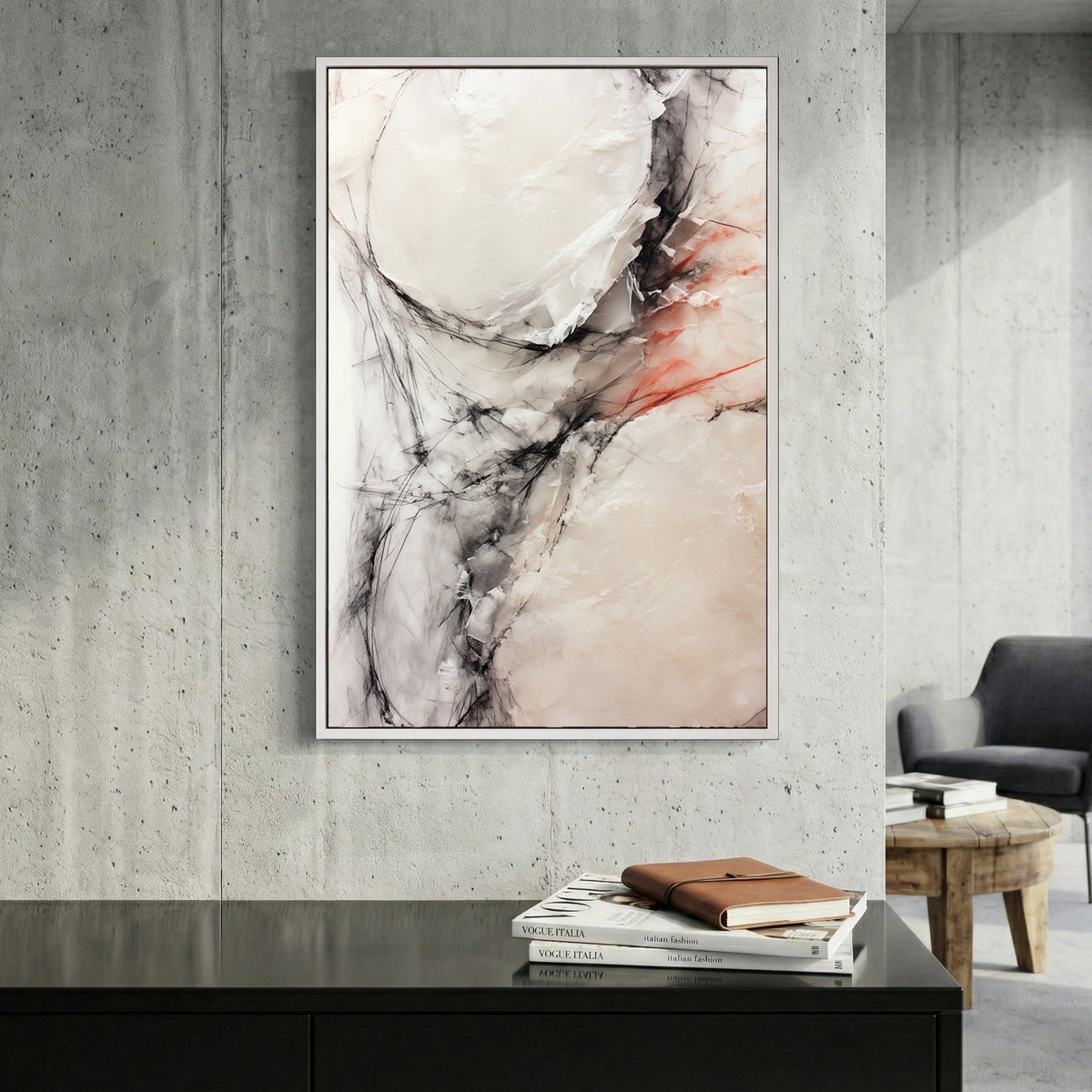 Neutral Marble Stone Abstract canvas wall art print displayed in a styled living room