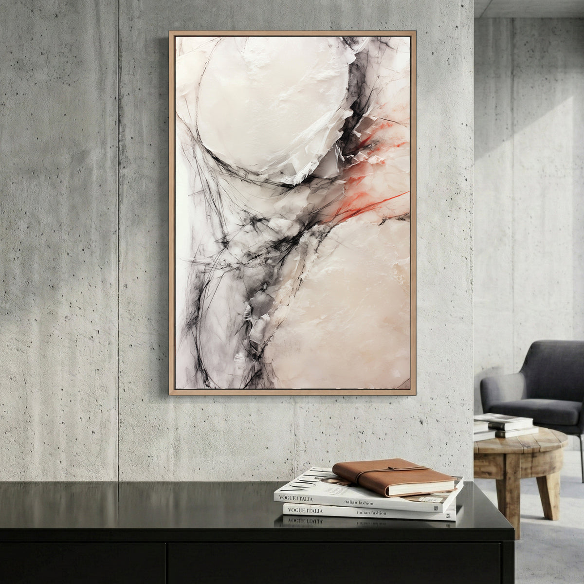 Neutral Marble Stone Abstract canvas wall art print displayed in a styled living room
