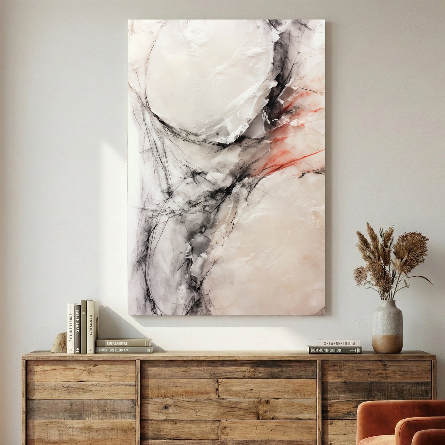 Neutral Marble Stone Abstract canvas wall art print displayed in a styled living room