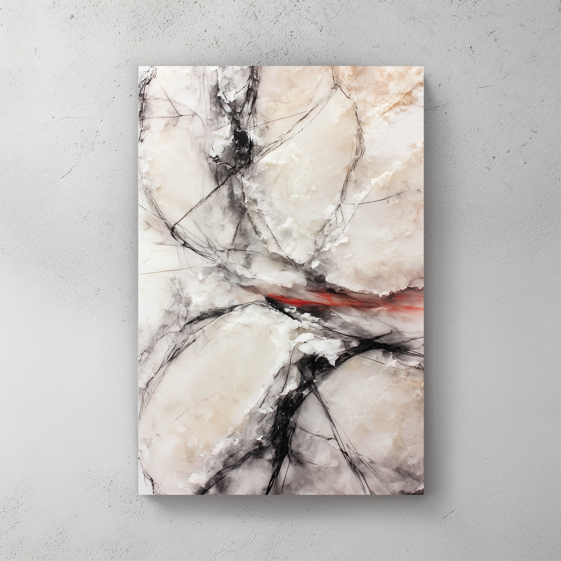 Black and white marble-like abstract with cracked texture, single red brush slash through middle, organic shapes — canvas wall art print