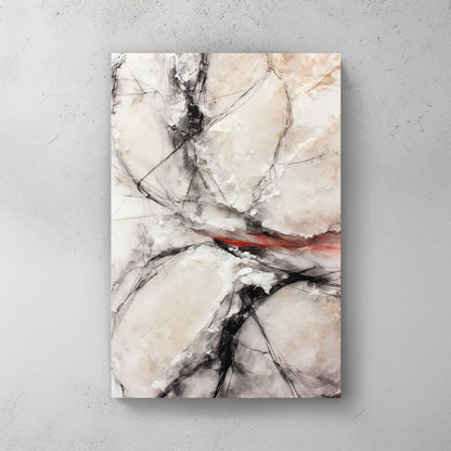 Black and white marble-like abstract with cracked texture, single red brush slash through middle, organic shapes — canvas wall art print