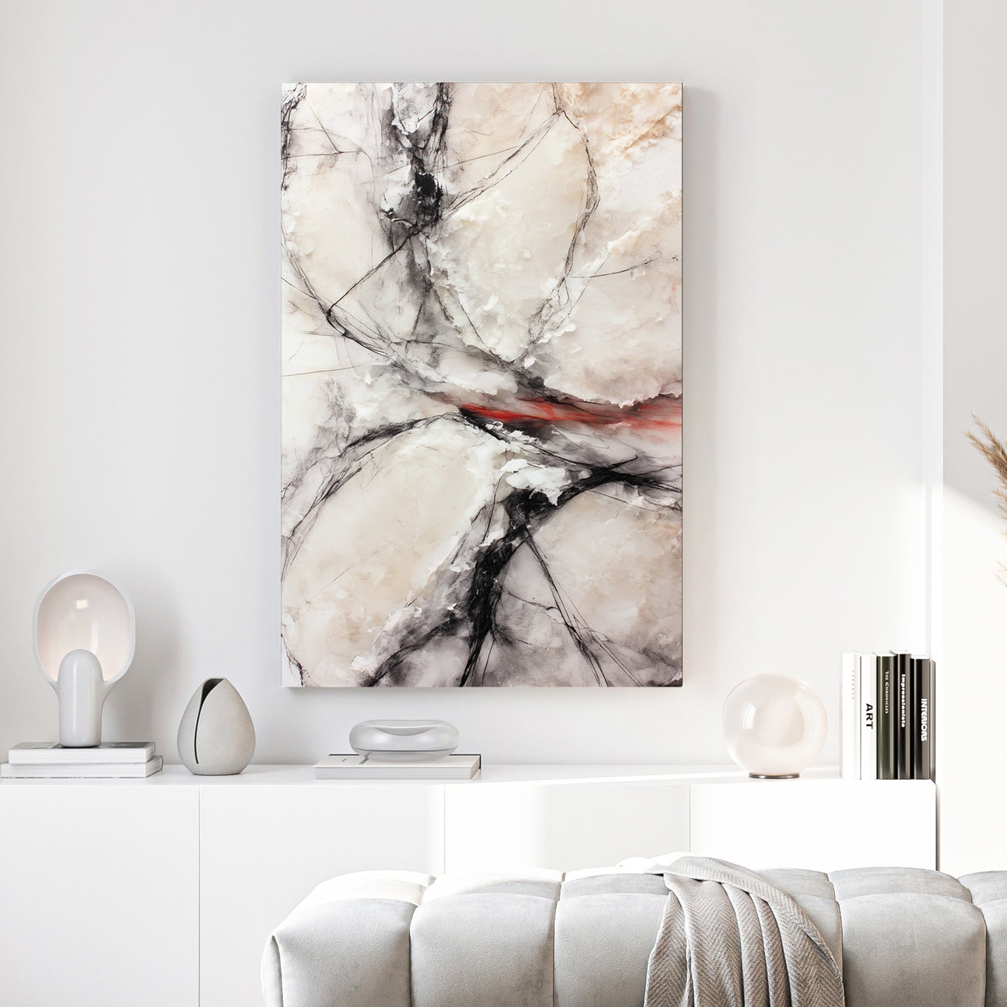 Black and White Abstract Red Accent canvas wall art print above a sofa in a contemporary living room
