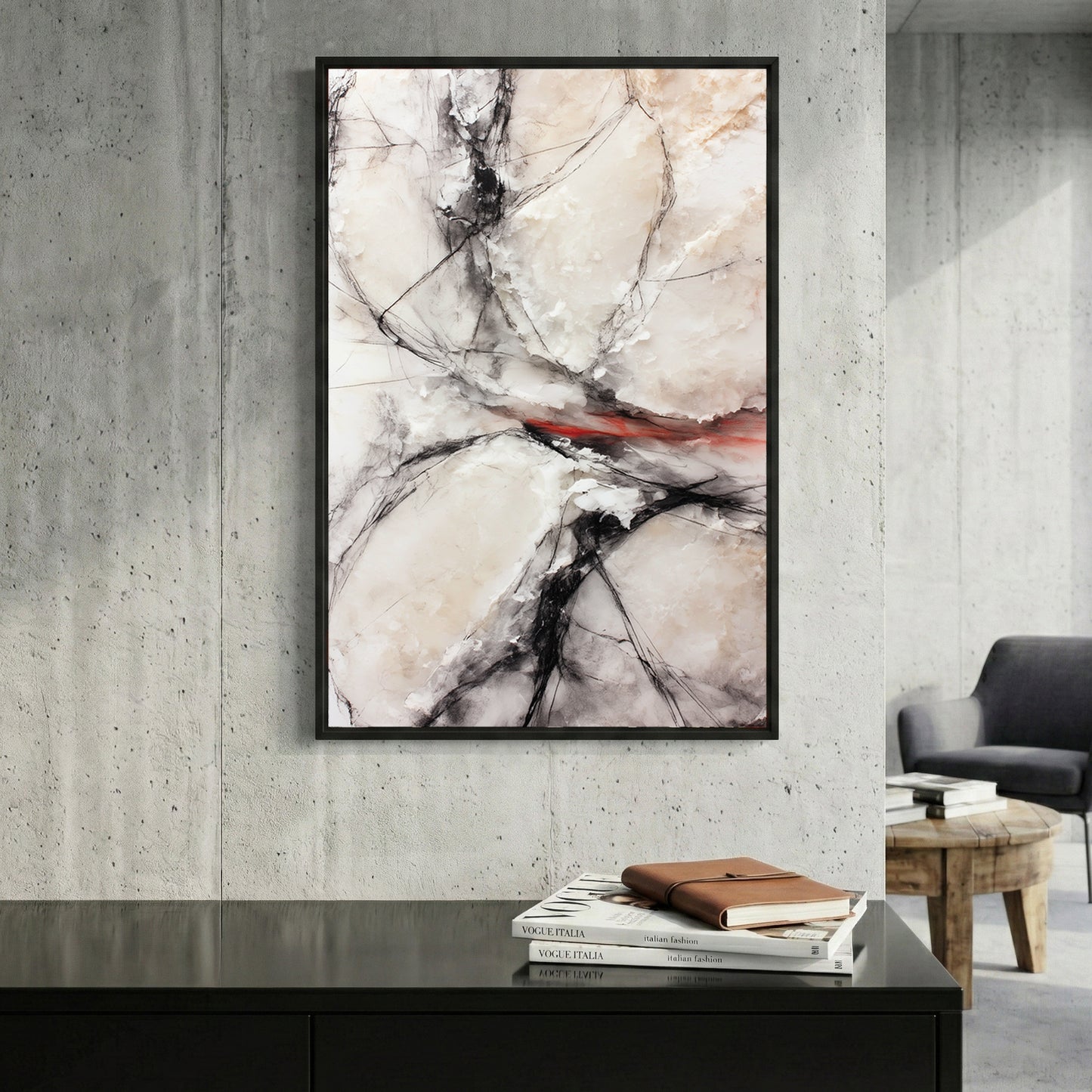 Black and White Abstract Red Accent framed canvas wall art print in a gallery-style display