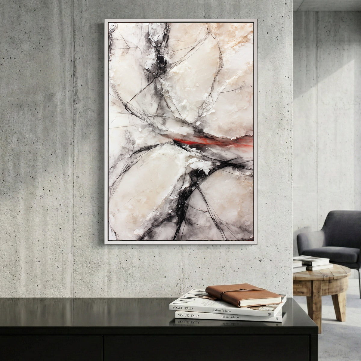 Black and White Abstract Red Accent canvas wall art print displayed in a styled living room