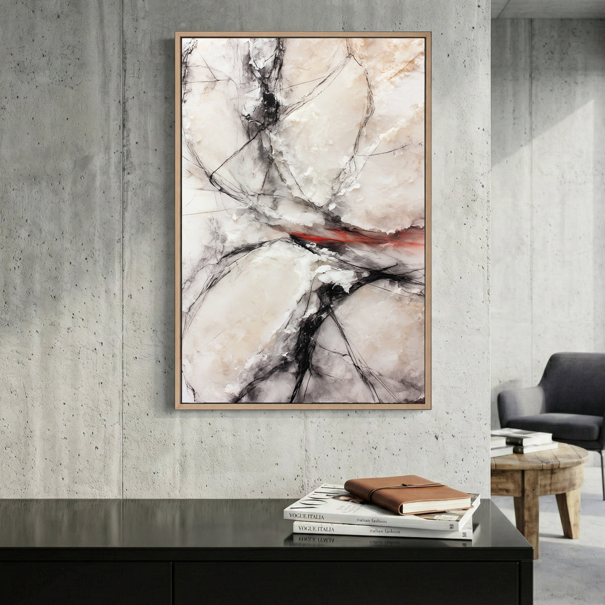 Black and White Abstract Red Accent canvas wall art print displayed in a styled living room