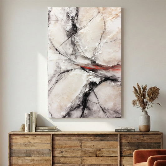 Black and White Abstract Red Accent canvas wall art print displayed in a styled living room