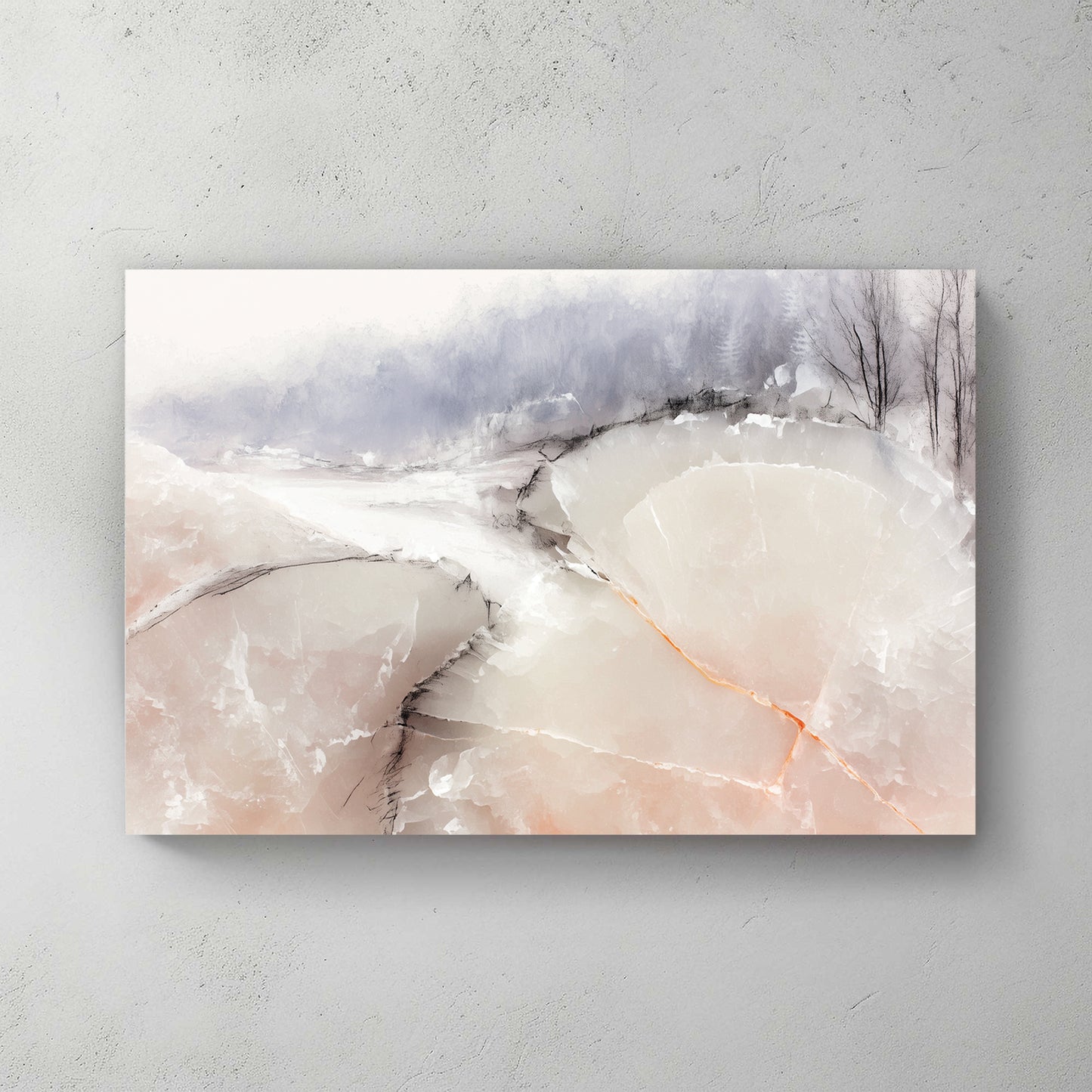 Neutral abstract watercolour: soft peach and pearl-grey washes, abstract forms, single orange crack running through, no clear landscape — canvas wall art print