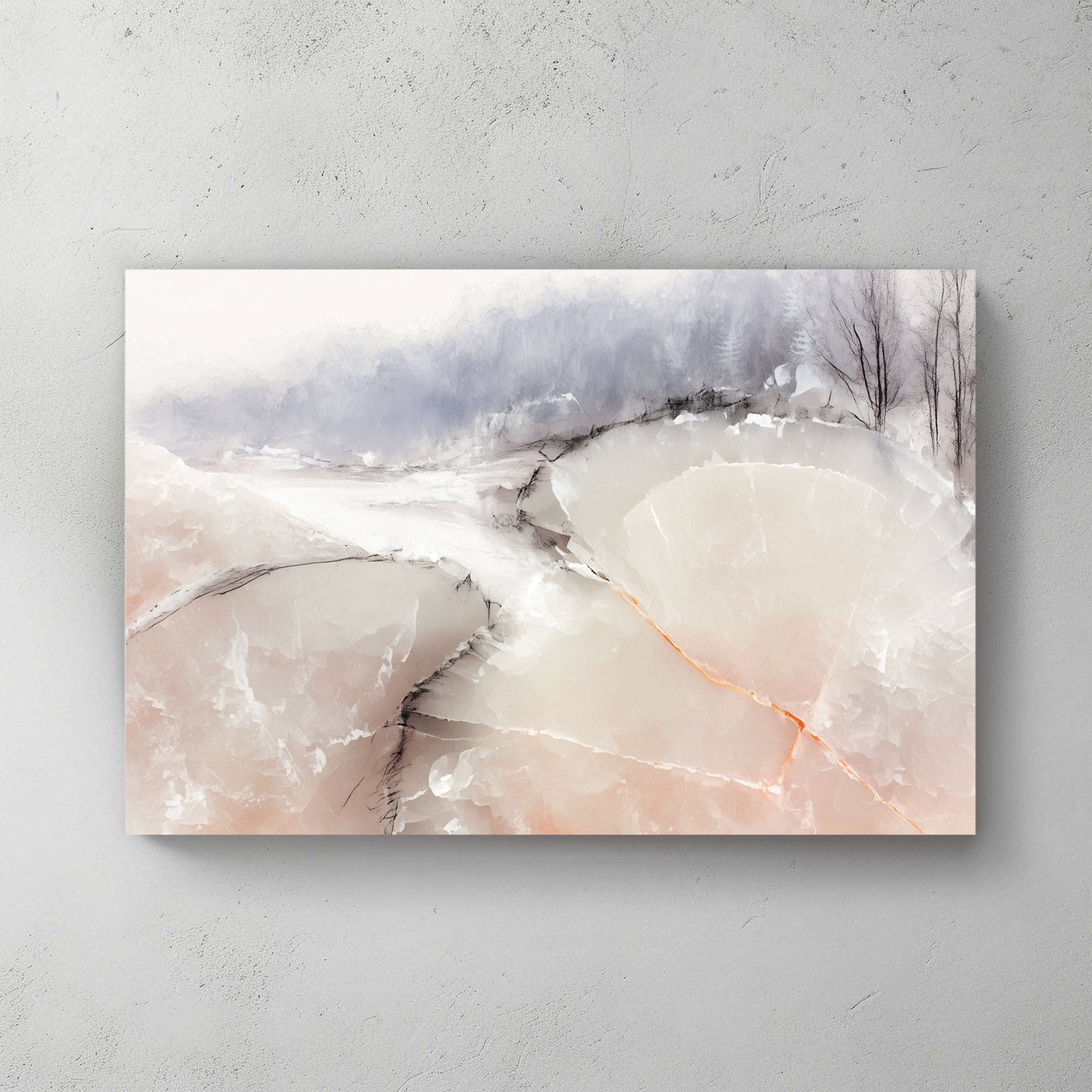 Neutral abstract watercolour: soft peach and pearl-grey washes, abstract forms, single orange crack running through, no clear landscape — canvas wall art print