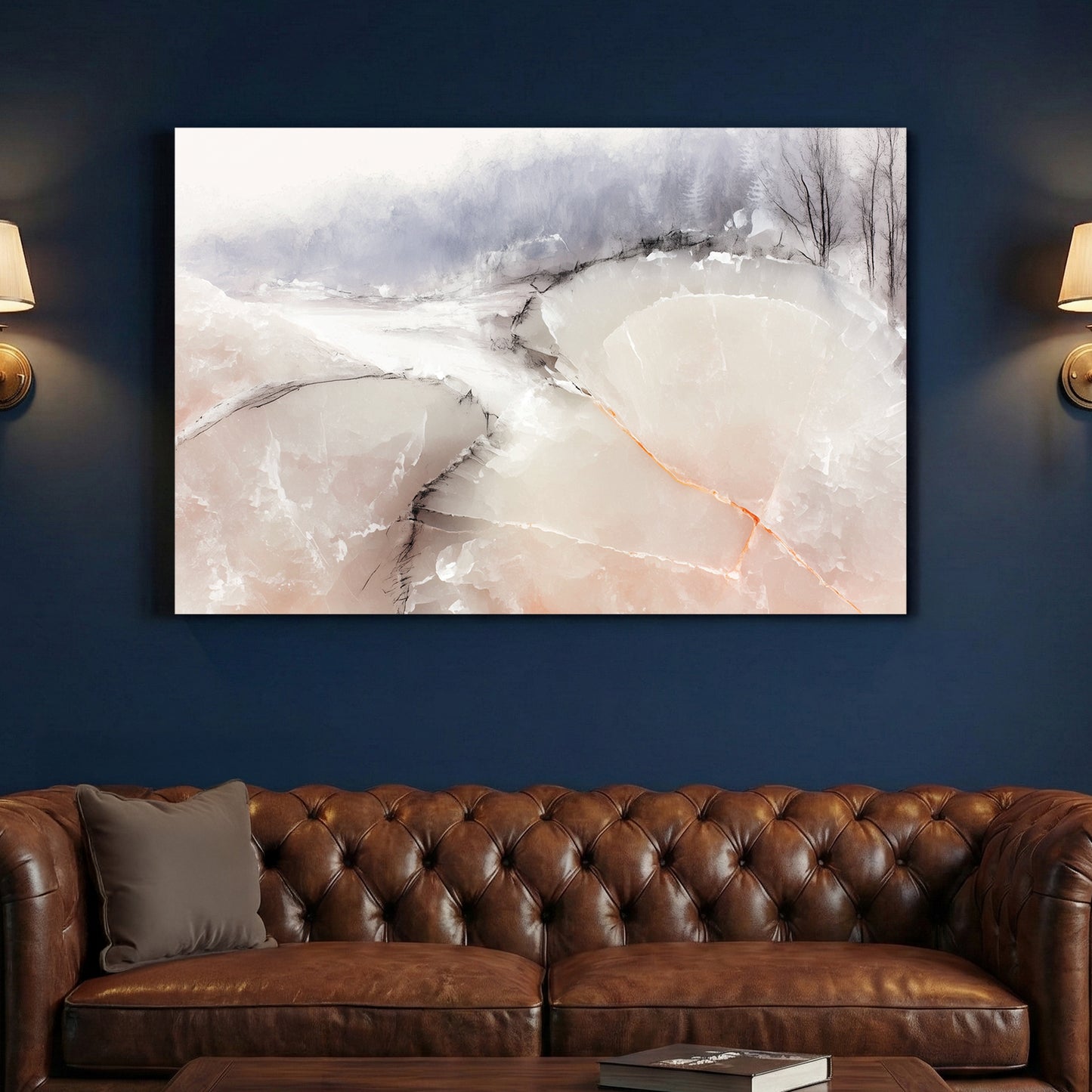Soft Peach Neutral Abstract Watercolour canvas wall art print above a sofa in a contemporary living room