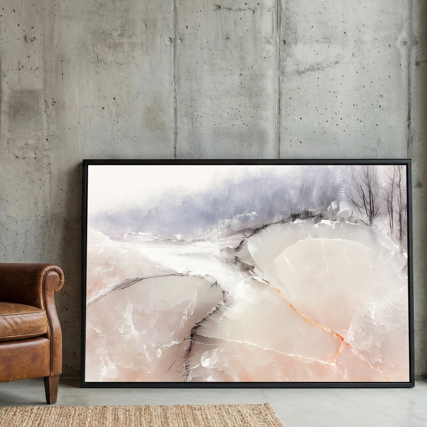Soft Peach Neutral Abstract Watercolour framed canvas wall art print in a gallery-style display