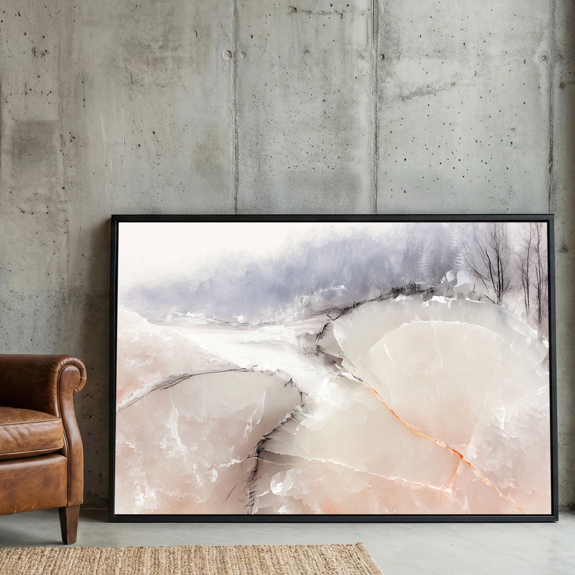 Soft Peach Neutral Abstract Watercolour framed canvas wall art print in a gallery-style display