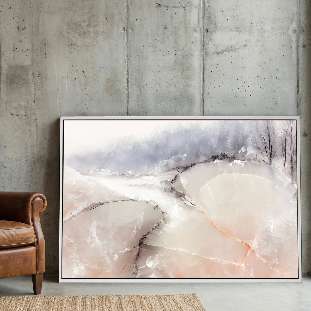 Soft Peach Neutral Abstract Watercolour canvas wall art print displayed in a styled living room